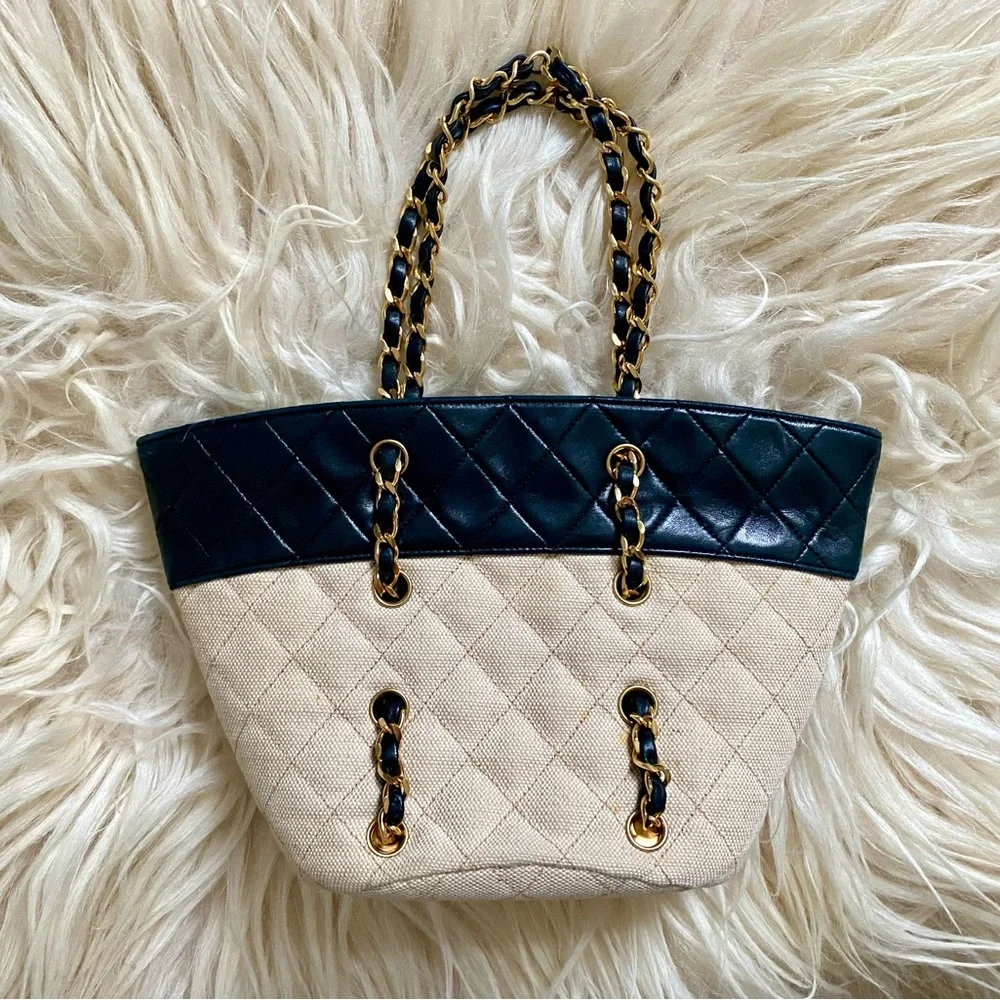 Chanel Vintage Navy Canvas Beige Mini Tote Bag - Picture 1 of 16